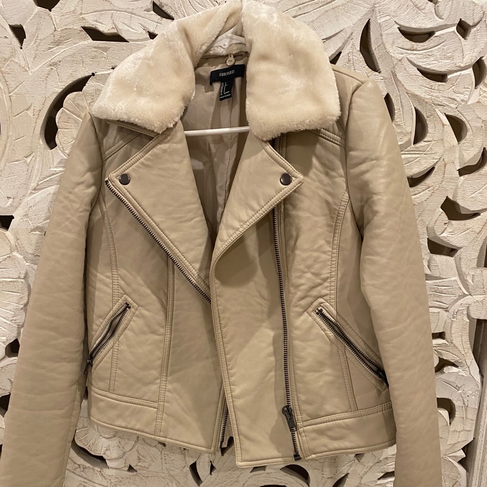 Tan leather jacket with lanolin collar